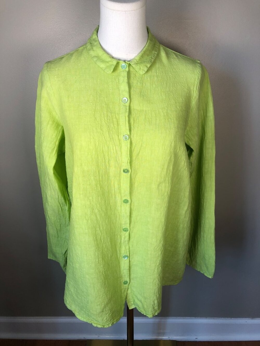 Manuelle Guibal Paris 100% Linen Lime Green Button Front Blouse Size 0 (USA XS)